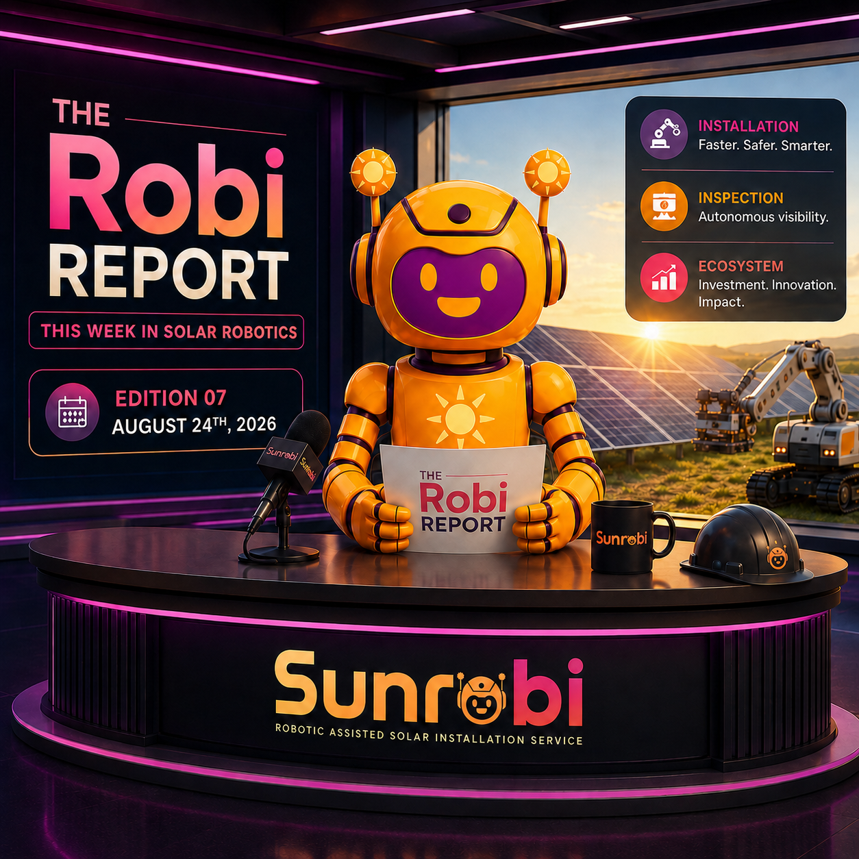 Robi presenting The Robi Report from a news studio desk